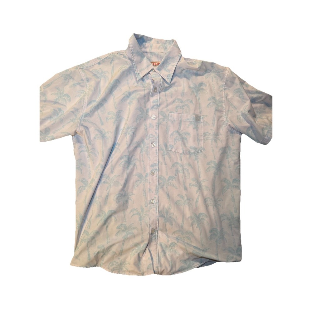 Huk Fishing Button down size M, white w/ blue palm tree design